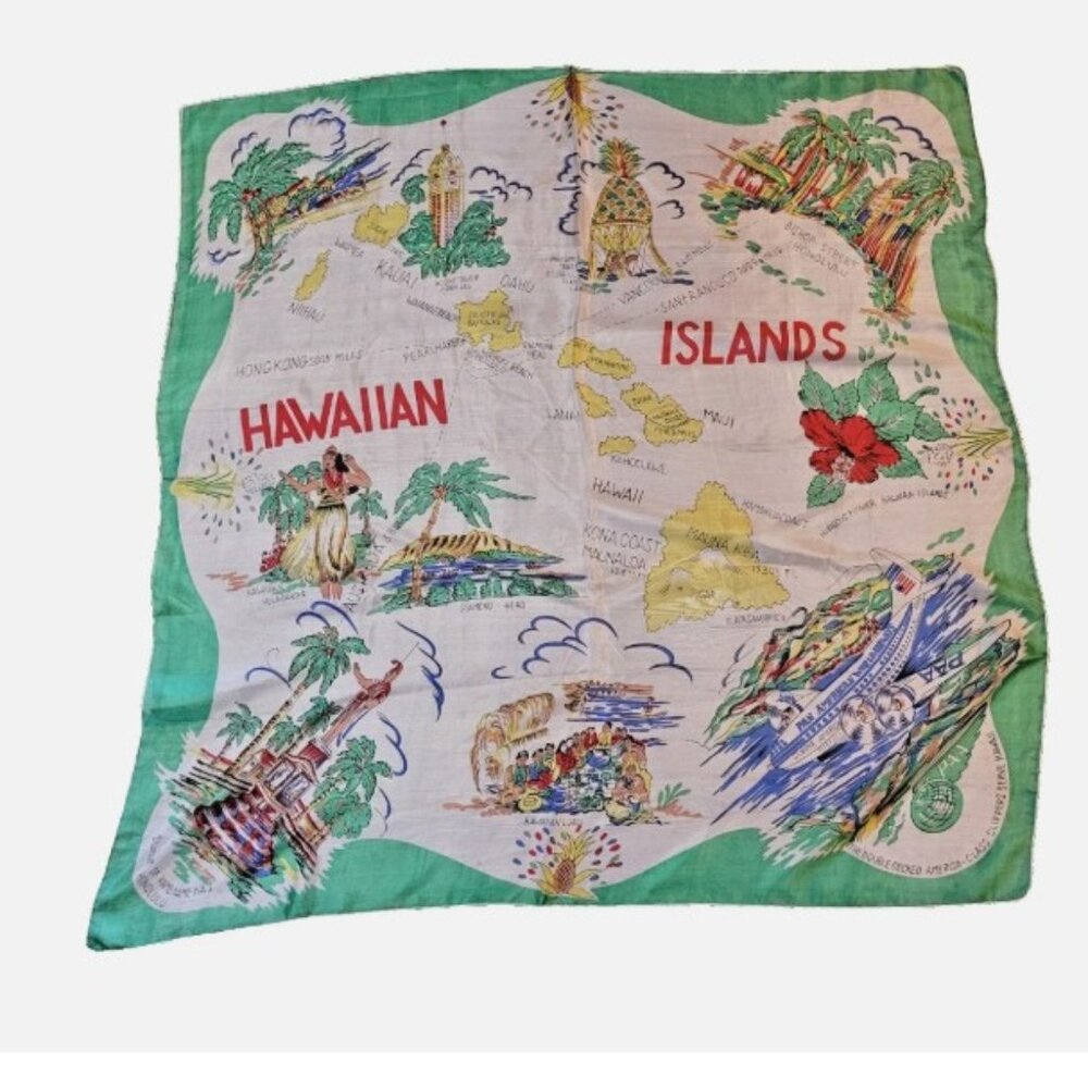 Vintage Hawaii Nei Silk Scarf Hand Screened Land of Aloha Island Map PAN AM CLIP